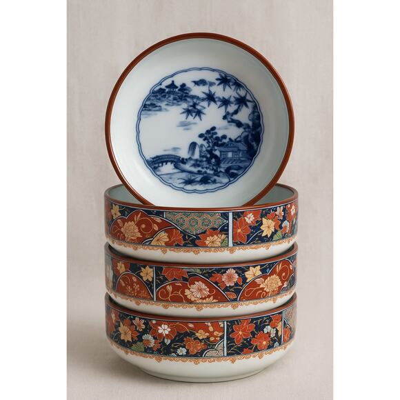 Vintage 1960s Japanese Imari Set of 5 Porcelain Soup / Rice Bowls – Gold Signed - Picture 2 of 10